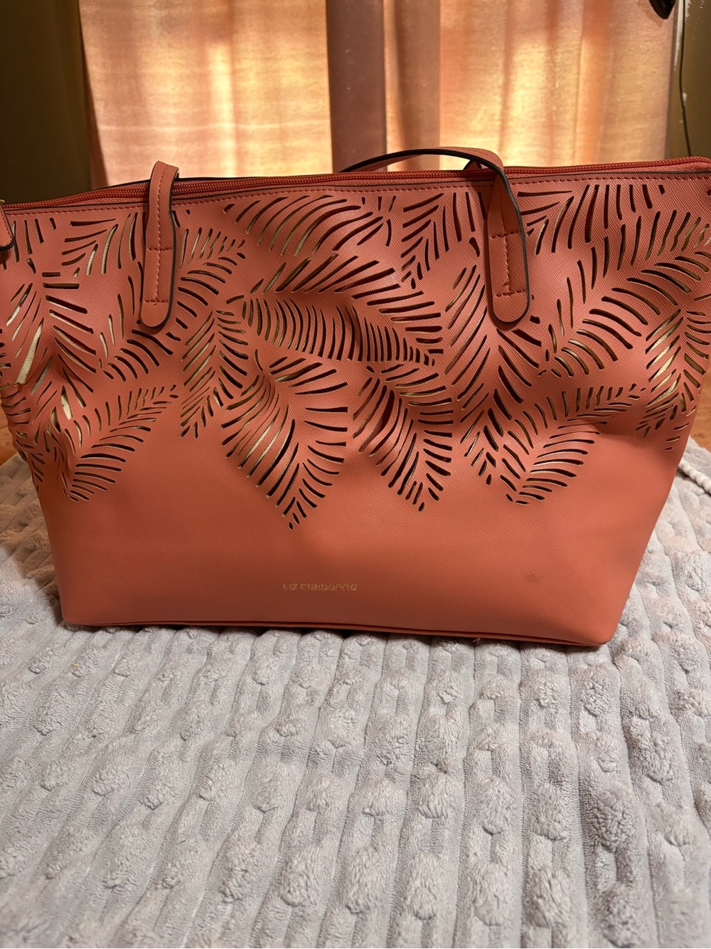 Liz Claiborne Coral Cutout Palm-Print Tote